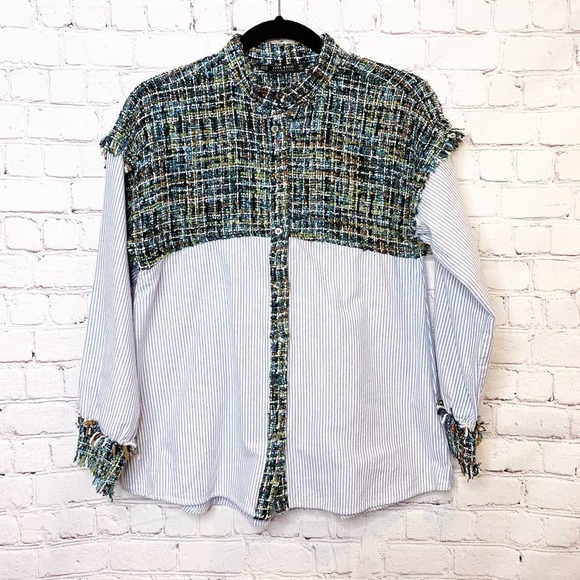 Zara Tweed Striped Button Down Shirt XS - Picture 3 of 8